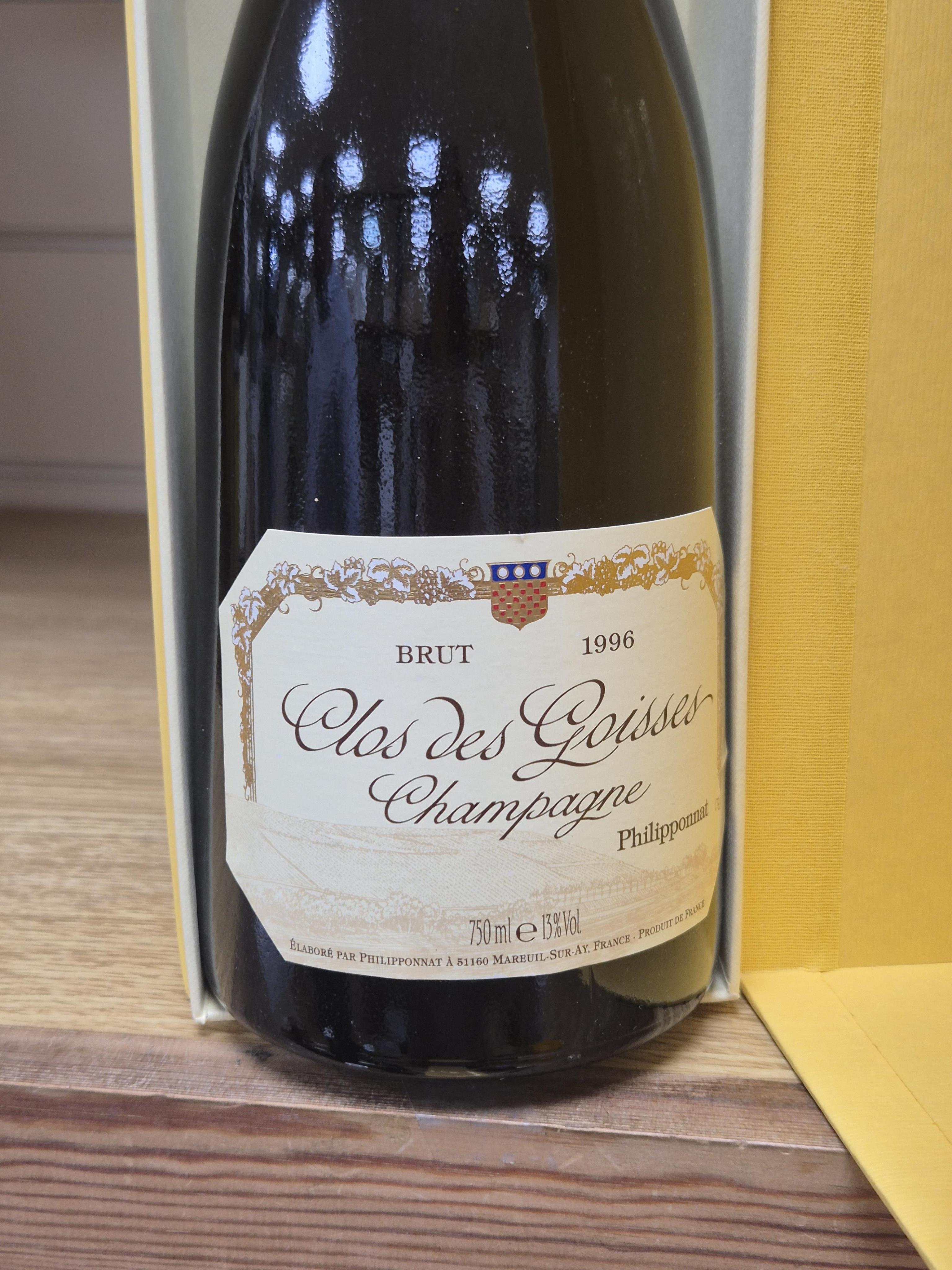 A bottle of Clos des Goisses Champagne, 1996, cased